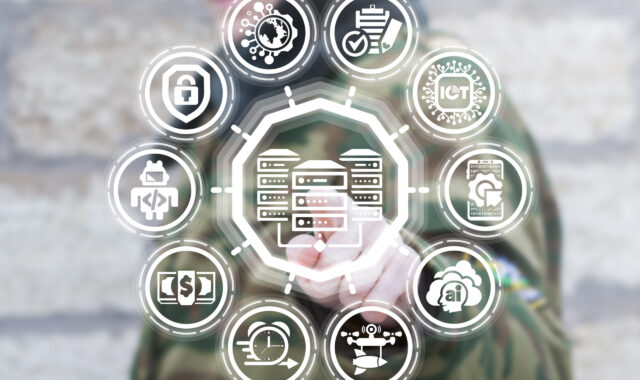 Soldier clicks a database servers icon on a virtual screen. Big data military center. Armed information technology. Soldier clicks a database servers icon on a virtual screen. Big data military center. Armed information technology.