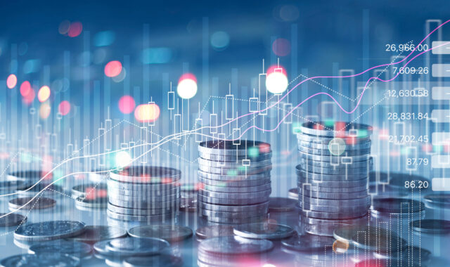 Financial stock market graph and rows of coins growth, abstract and symbol for finance concept, business investment and currency exchange, on blue background. Financial stock market graph and rows of coins growth, abstract and symbol for finance concept, business investment and currency exchange, on blue background.